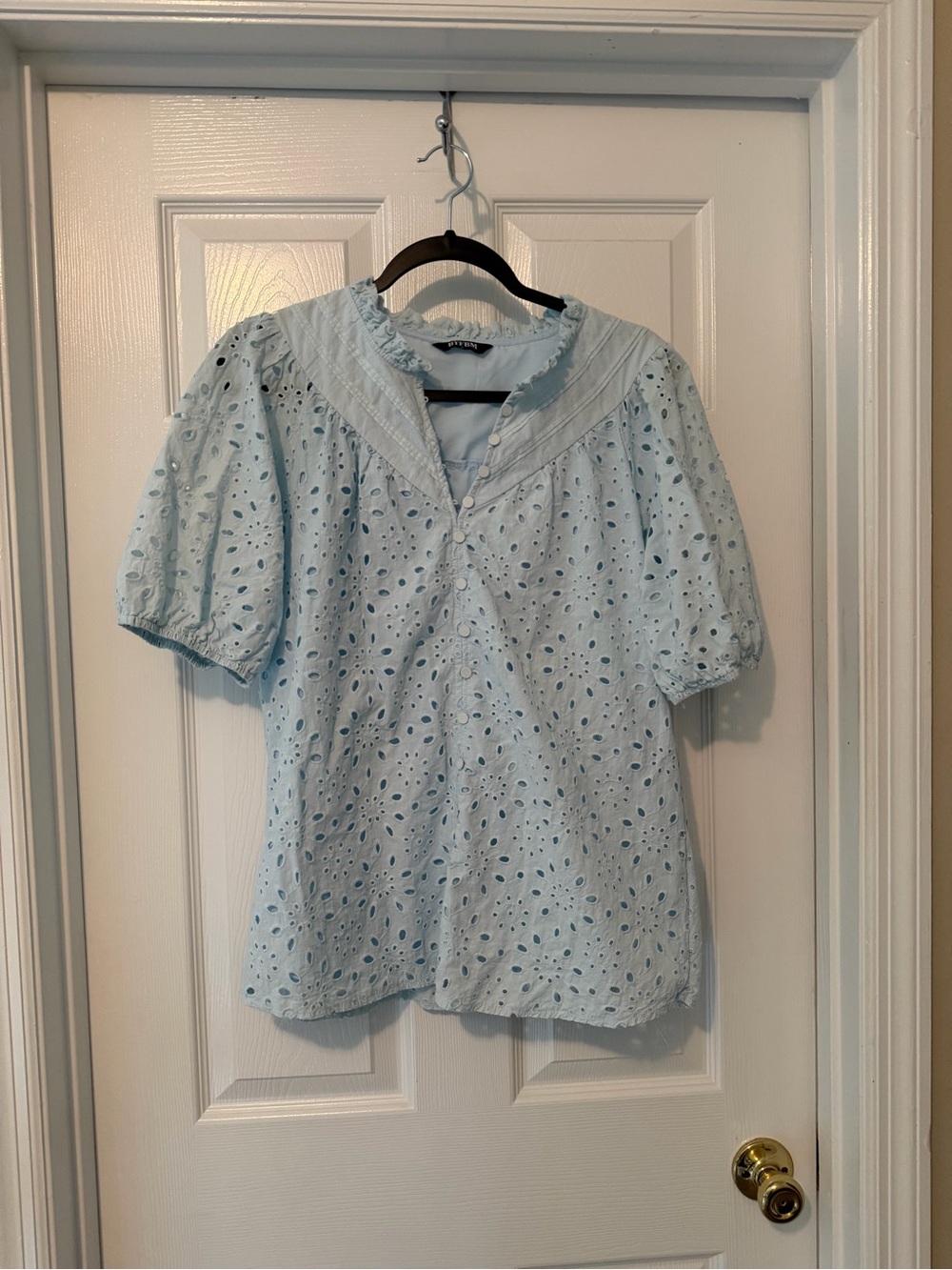 Light Blue Eyelet Puff Sleeve Blouse with V-Yoke